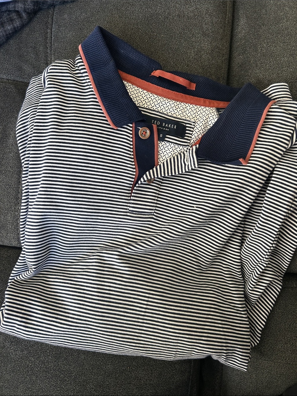 Ted Baker Navy & White Striped Polo with Coral Trim